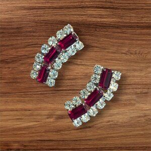 Vintage Red Clear Rhinestone Clip On Earrings Curved  Jewelry Estate